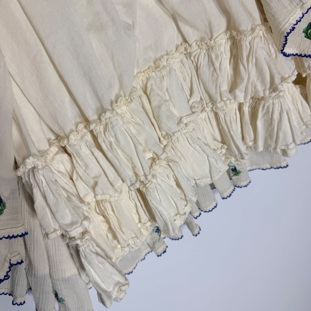 Anthropologie Floreat Cotton Embroidered Ruffle Dress Ivory Blue Floral Size 12 - Picture 6 of 15